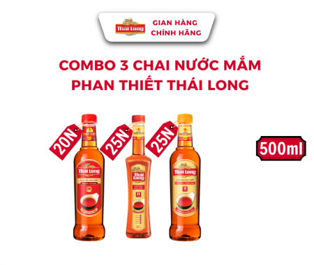 Combo 3 chai nước mắm Phan Thiết THÁI LONG loại  500ml PET(Nhãn vàng Thượng Hạng 25N + Vi chất Thượng Hạng 25N + Nhãn Đỏ Hảo Hạng 20N)
